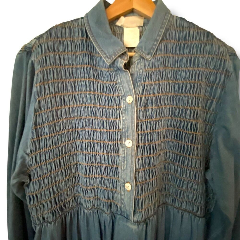 Flora C Vintage 100% Cotton 80’s 90’s Denim Dress Smocked Bodice Made In USA 14 - Picture 4 of 7